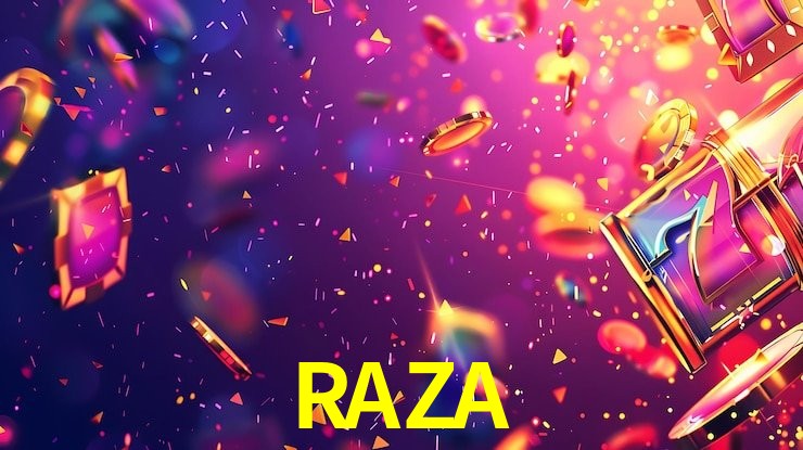 Una escena digital vívida inspirada en casino con RAZA mostrado prominentemente, luces brillantes, fichas, cartas y acentos dorados.