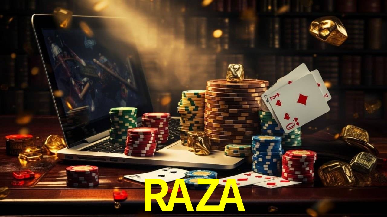 Escena dinámica inspirada en casino con iluminación RAZA, cartas, fichas e íconos de juegos digitales en un espacio moderno de juegos.